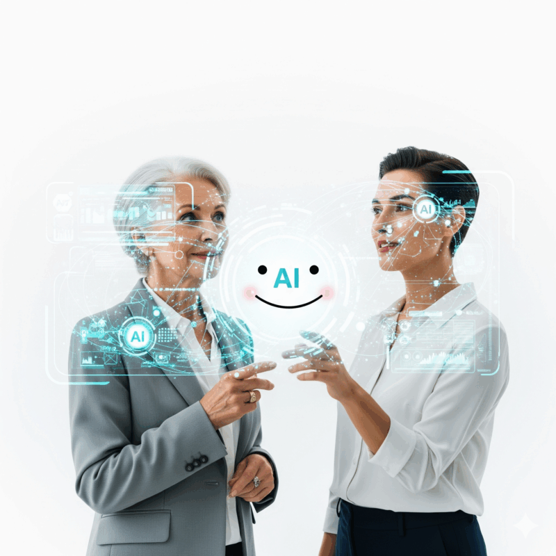 Una donna Boomer e una donna Gen X che osservano con curiosità un'interfaccia olografica digitale, rappresentando il dialogo tra generazioni e l'intelligenza artificiale.